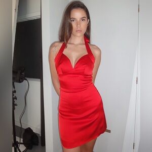 Elegant Red Halter Mini Dress